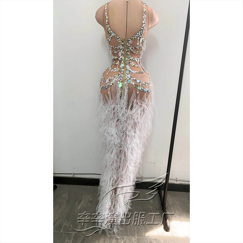 Modern Singer Costume Nude Dress Pearl Fringe White Fluffy Skirt Tassel Headdress Party Dj Ds Gogo Dance Rave Clothes