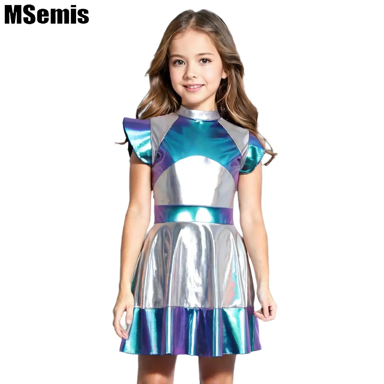 Kids Girls Alien Outer Space Role Play Dress Halloween Cosplay Cutie Costume Cap Sleeve Glossy Metallic Color Block Dress