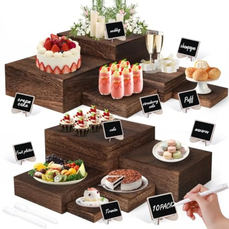 

10 Size Nested Buffet Risers with Mini Signs, 10PCS Rustic Wooden Cake Dessert Display Set, Vintage Wood Crates for Party, Wedd