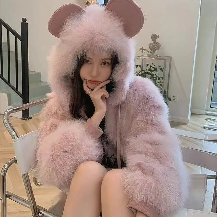 

2025 Winter Faux Fox Fur Coat Women Korean Style Short Plush Jacket Rabbit Ear Hooded Trendy Cropped Outerwear