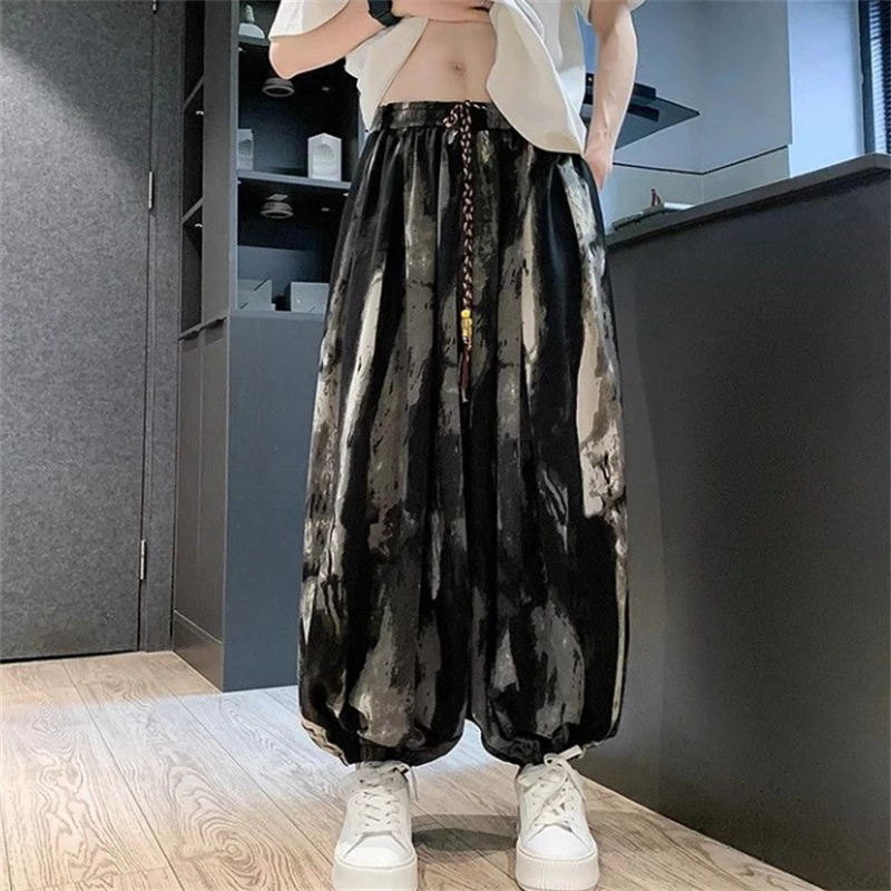 

Men Summer Harem Pants Ink Print Tie Dyeing Ice Silk Casual Pants Loose Printing Trousers 2024