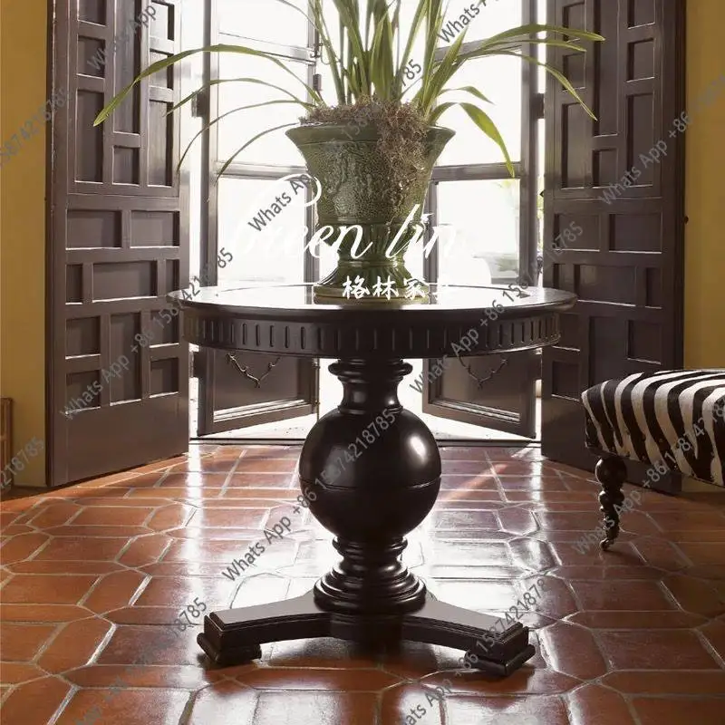 

French retro solid wood round dining table/American country living room round edge table/marble surface coffee table