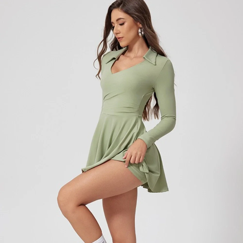 Sexy Turn-down V-Neck Sports Dress Hightight Golf Tennis Mini Dress Gym Yoga One Piece Jumpsuit With Shorts Athletic Rompers