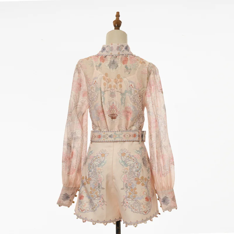   플로럴 패턴 셔츠 탑 하이웨이스트 팬츠 패셔너블한 의상 세트 엘레 벨벳 소재 롱 슬리브 드레스