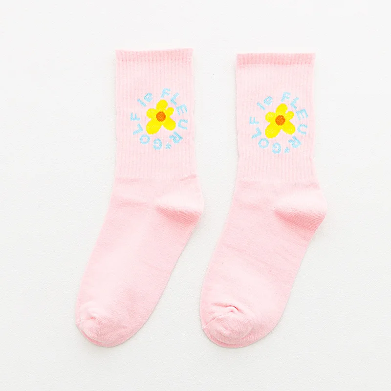 Ins Flowers Hyun Korean Version Pink Socks Women College Art Wind  Kawaii Socks Spring and Autumn for Female 7 Colors 178