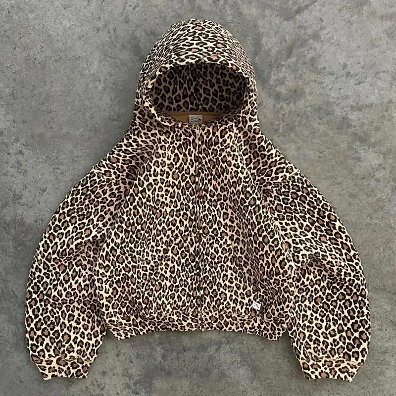 2000s Retro Leopard Print Sweter z kapturem Amerykańska podszewka z pluszową zimową ciepłą koszulą z zamkiem błyskawicznym Ponadgabarytowa odzież