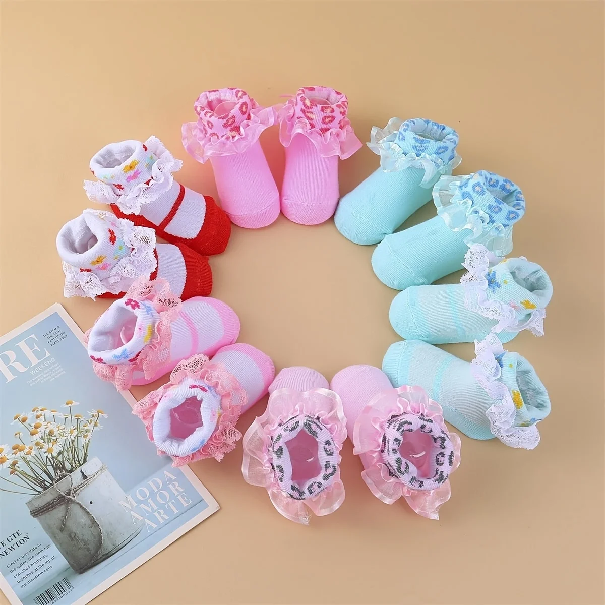 6Pairs/lot Newborn Baby Socks For 0-24Month Girls Lace Infant Girls Sock Princess Bow Toddler Baby Girls Socks