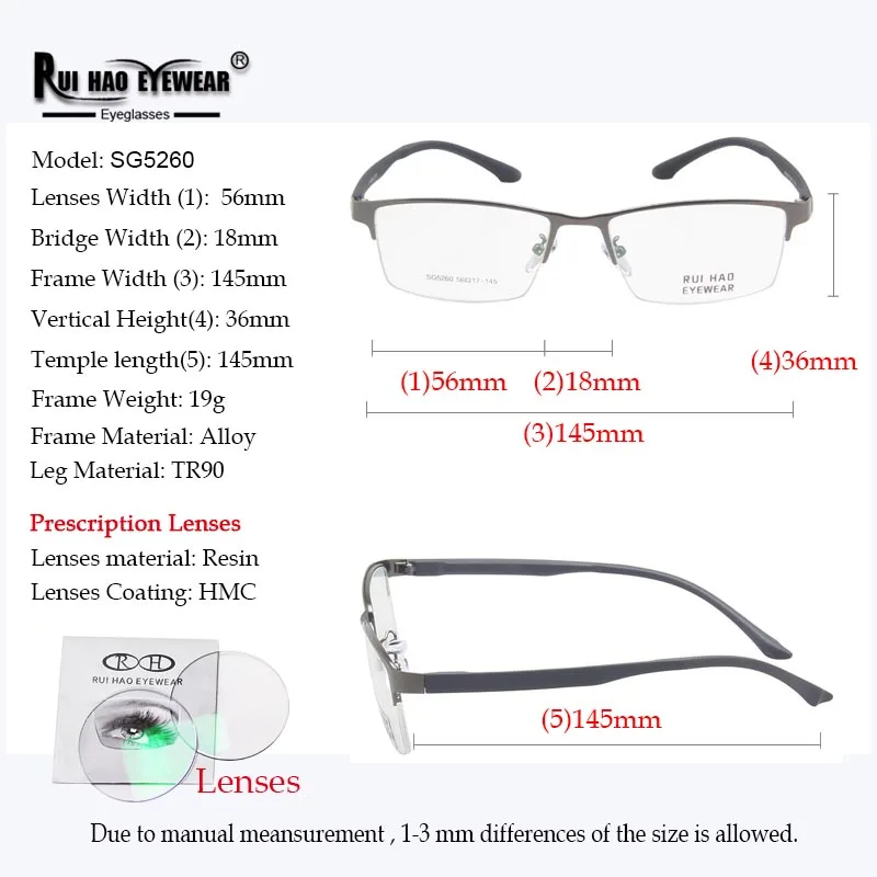 Men Recipe Glasses Customize Prescription Eyeglasses Half Rimless Frame Fill Myopia Progressive Lenses Optical Spectacles 5260