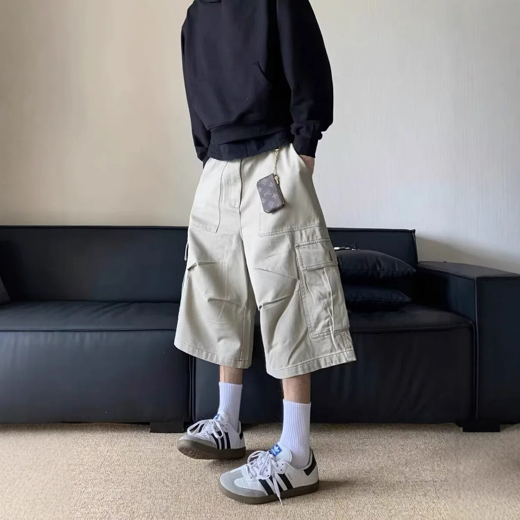2026 Men Summer Thin Wide Leg Cargo Shorts Japanese Straight Elastic Waist Cropped Trousers Loose Streetwear Relaxed Fit Seven