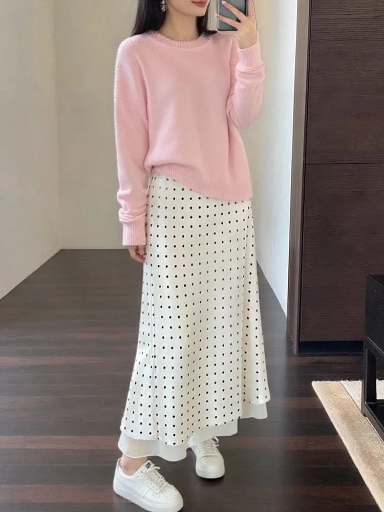 Elegant Polka Dots Satin Beige Bodycon Mermaid Skirt Women Spring Summer Silky Back Slit Midi Skirt Office Comfortable Outfits