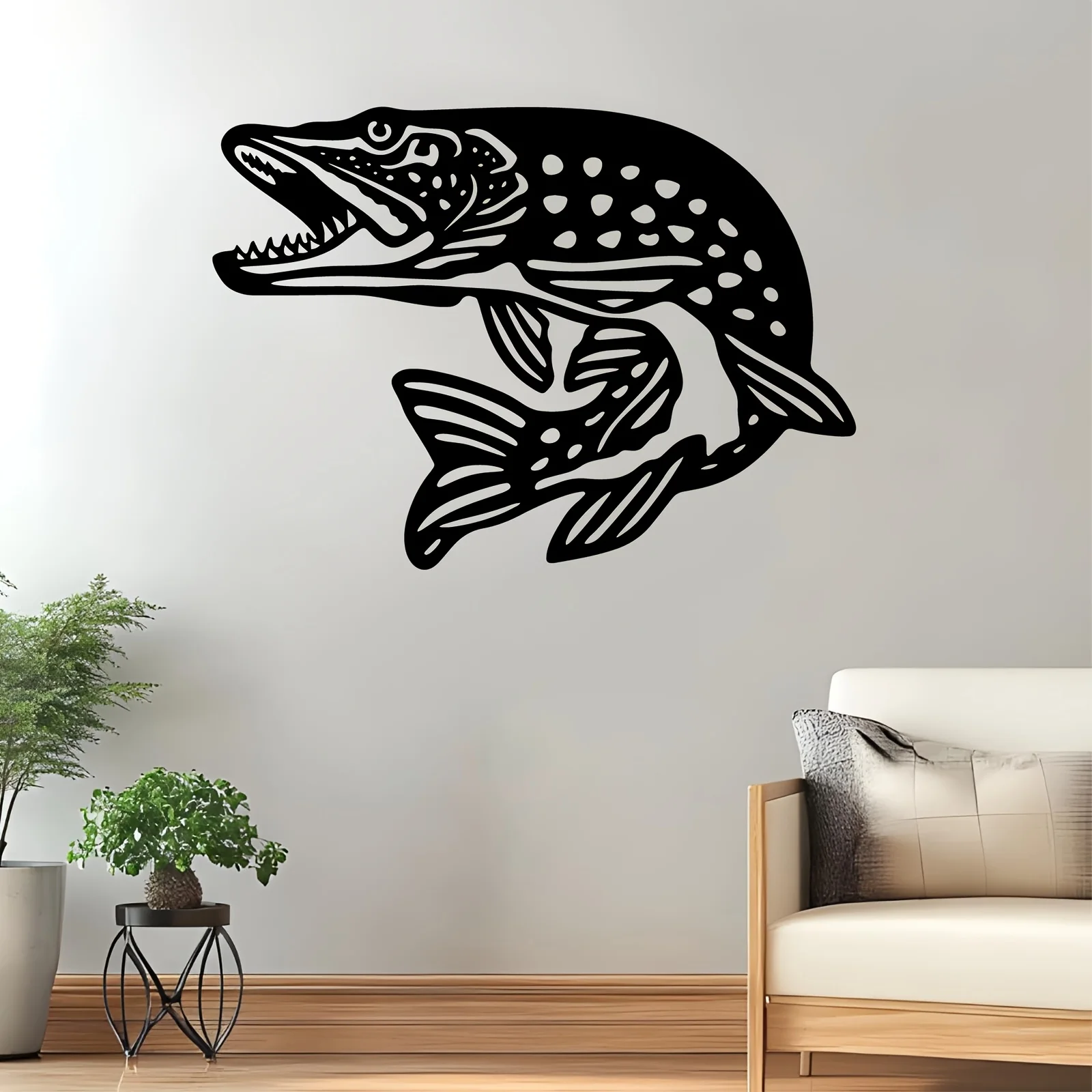 Pike Fish Metal Wall Art, Dynamic Fishing Themed Iron Sculpture, Rust Resistant Decor For Patio Walls & Garden Fences