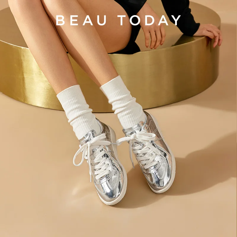 BEAUTODAY Casual Sneakers Women Genuiue Leather Retro Round Toe Lace-up Flats Training Shoes Ladies Summer Handmade 29872