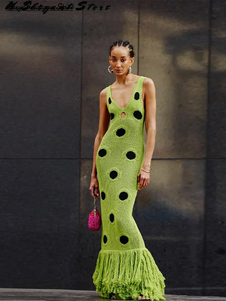 Mulheres sexy ver através de malha maxi vestido oco para fora profundo pescoço pote robes borla hem garfo festa vestidos 2025 nova senhora clube vestido