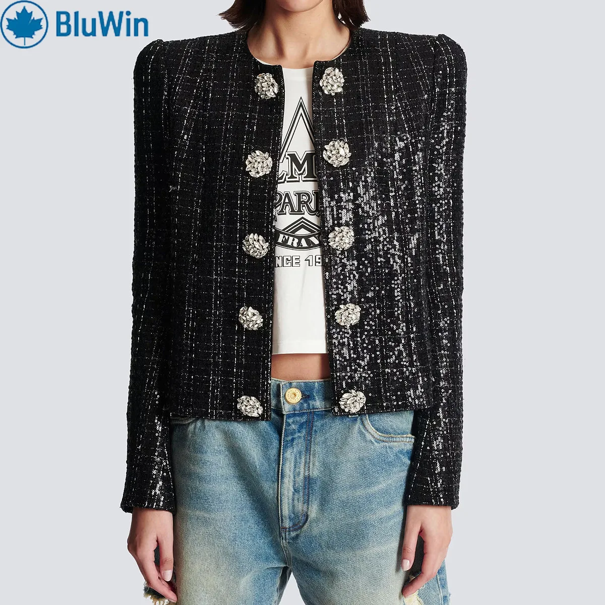BluWin Elegant Black Tweed Jacket – Crystal Button Details for a Timeless, Sophisticated Look