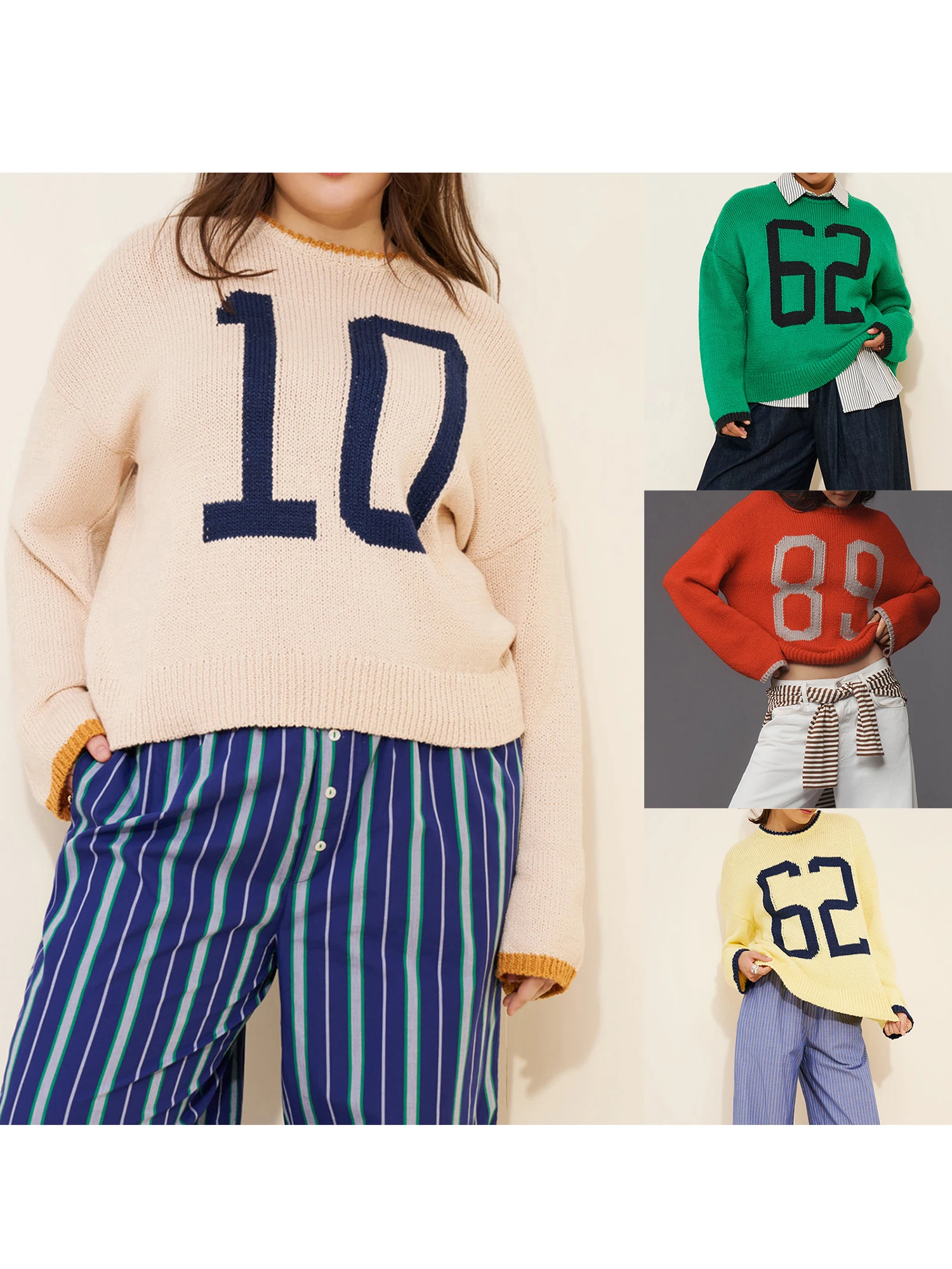 سترة نسائية متماسكة مع رقبة دائرية مضلعة وأكمام طويلة - سترة صوفية مريحة لفصول الخريف والشتاء