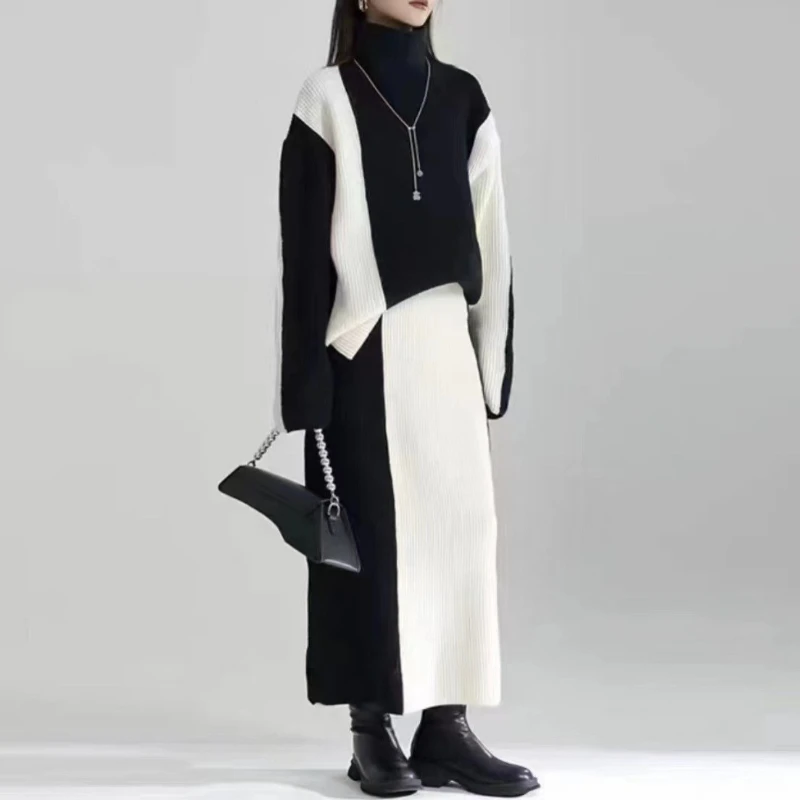 

Fashion Sweater Skirt Set for Women 2025 Autumn and Winter Color Blocking New Arrival High Neck Long Sleeve Knit Two-piece Set