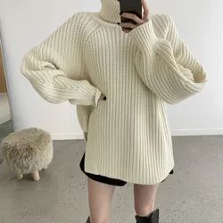 High Neck Knitted Pullovers Women Fall Winter Korean Thickened Loose Side Split Long Sleeve Sweater Tops 3 Colors