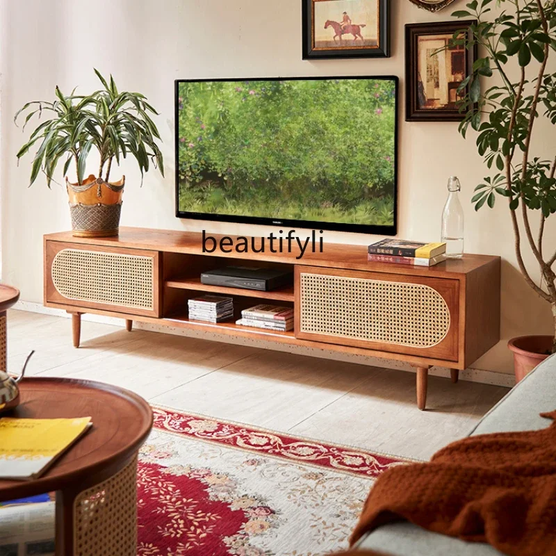 

Nordic Retro TV Cabinet Solid Wood Rattan Integrated Floor Standing Storage Cabinet B & B Audiovisual Cabinet