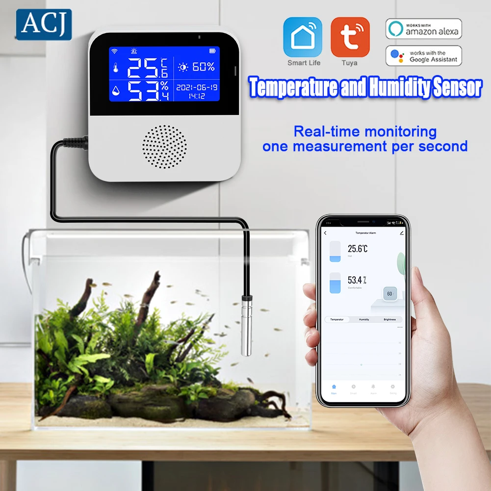 Tuya WIFI Temperature Humidity Sensor LCD Display For Smart Home or Plant Growth High Precison With Water Temperature Line