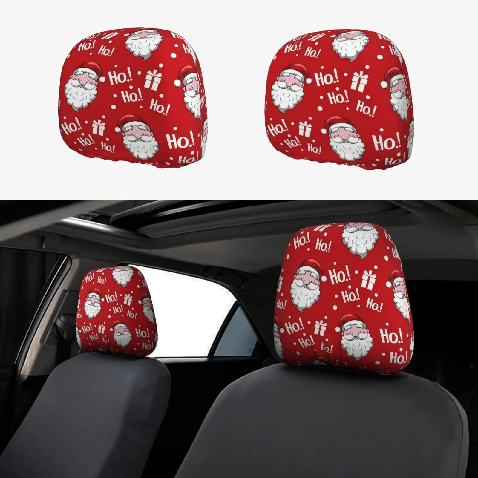 2-piece retractable car headrest cover, Santa Claus Heart easy to install gift, Christmas theme, holiday design, elastic fabric