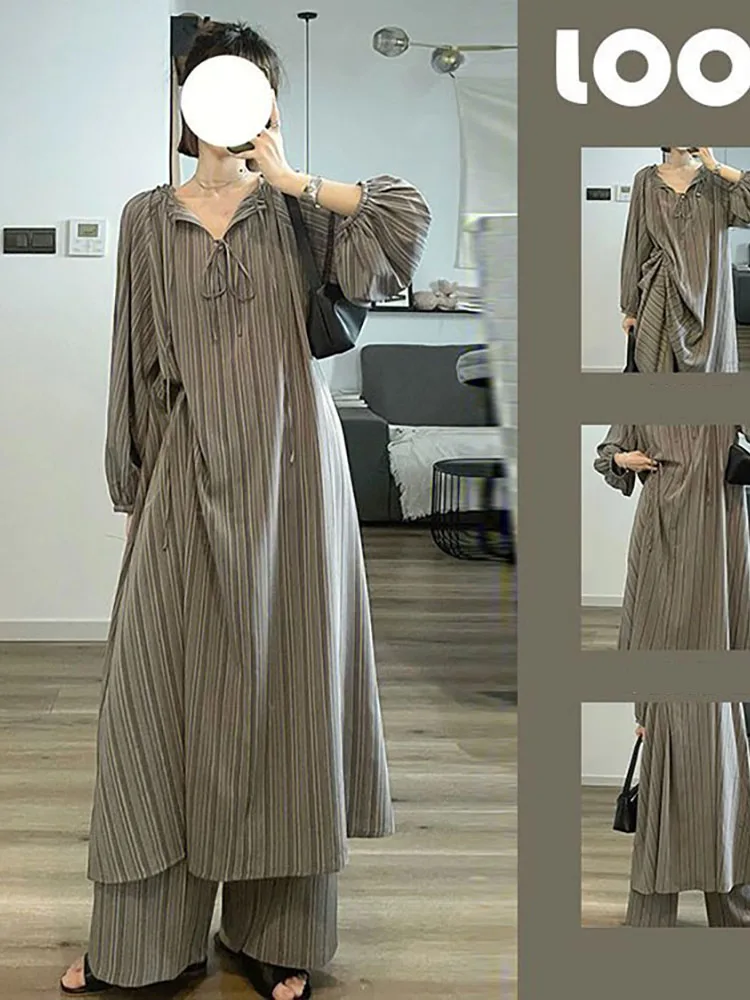 Lazy Wind Loose Striped Women's Pajamas Spring New Long Sleeved Pants 2Pcs Sleepwear Suit Fashion Casual Ladies Home Nightgown