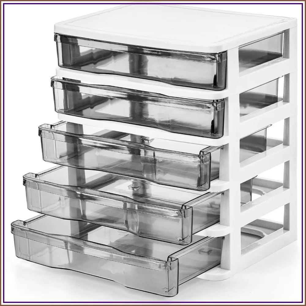 5 Drawer Desktop Storage Organizer, Clear Plastic Small Bin for Office Supplies, Craft, Stationery, White Frame