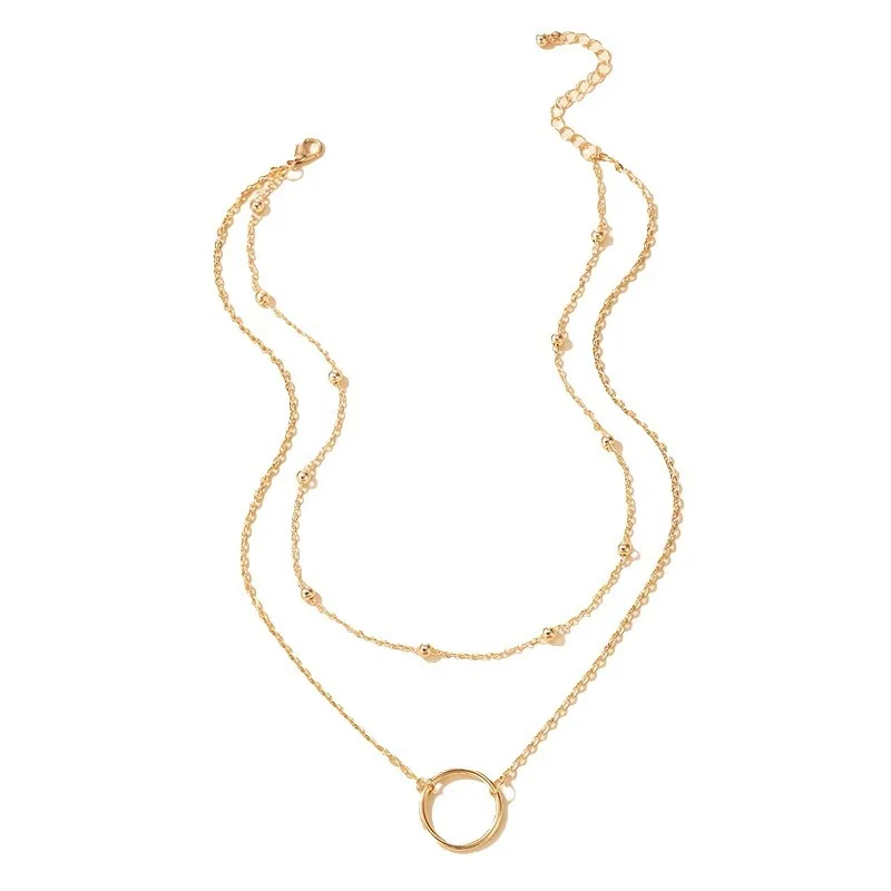 New European Women\'s Necklaces Double-layers Gold Color Short Chain Round Piece Pendants Clavicular Chain Fashion Jewelry