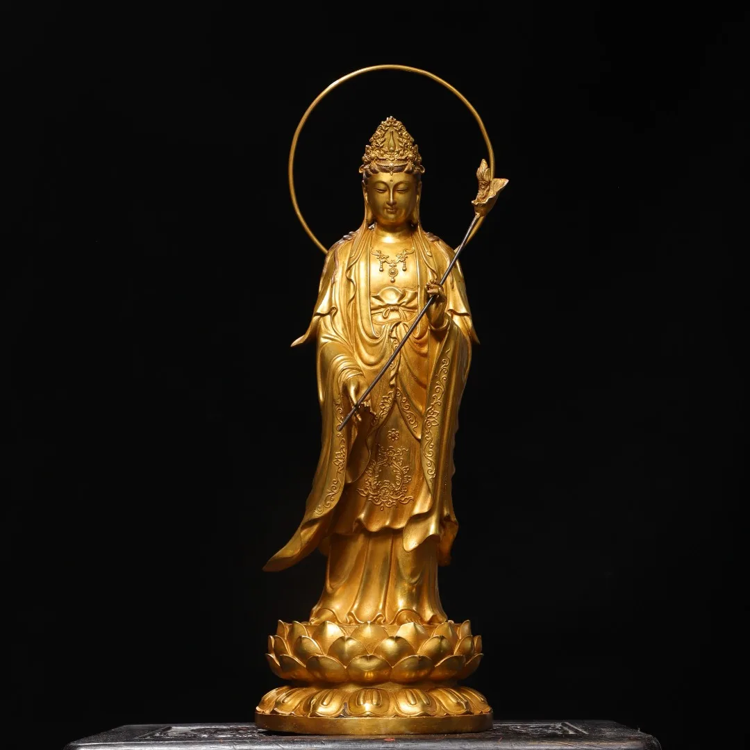 Old Bronze Gilded backlight Mahasthamaprapta Bodhisattva Standing Buddha Lotus Terrace Amitabha Buddha Worship Hall Town house