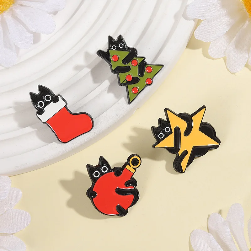 Black Cat Christmas Tree Enamel Pin Xmas Stocking Star Cute Animal Holiday Kitten Brooches Lapel Badge Jewelry Gifts for Friends