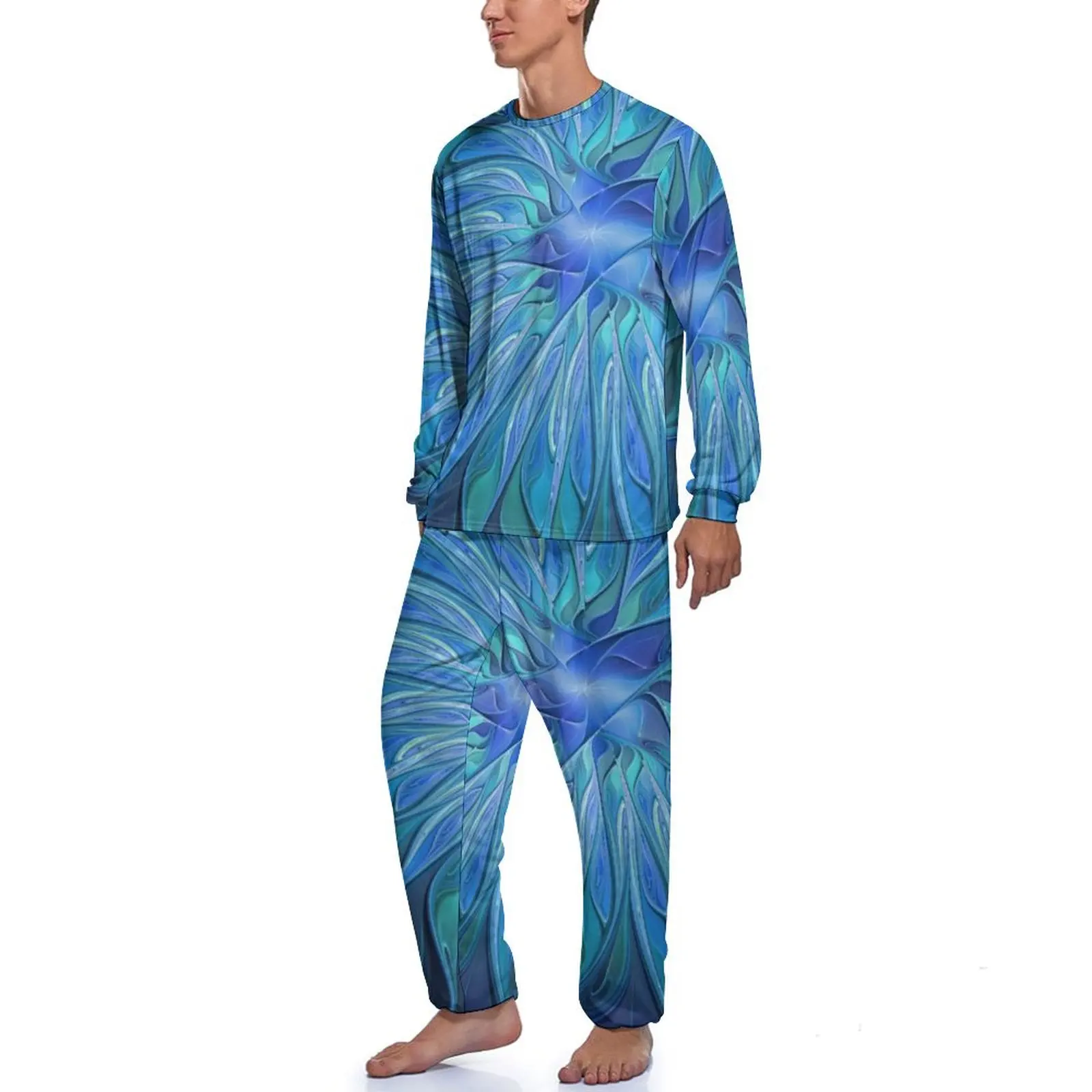 Blue Flower Print Pajamas Long Sleeve Abstract Fractal Art Two Piece Home Pajama Sets Spring Men Design Cute Sleepwear