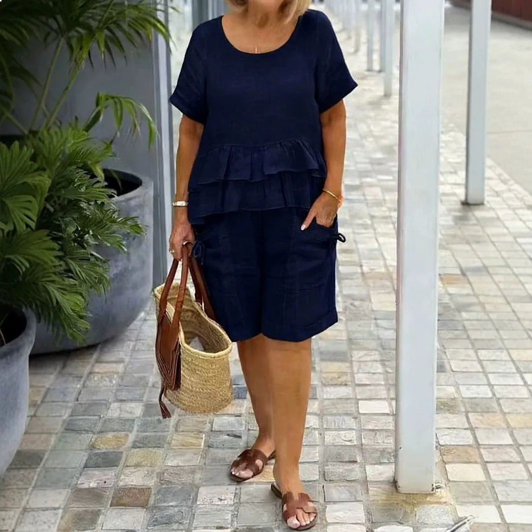 Matching Set Cotton Linen Spring Summer Loose Short Sleeve Top Blouse Shorts Sets