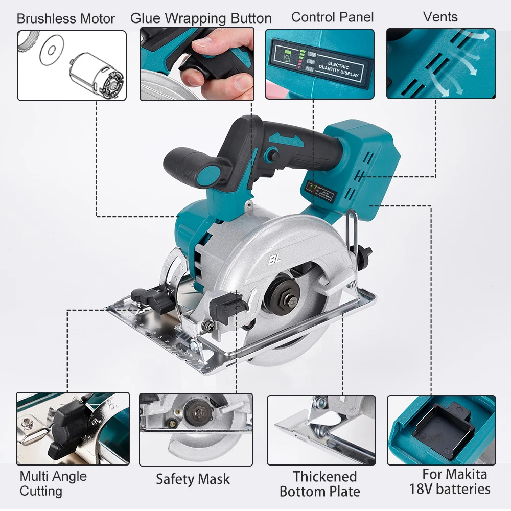 

Hormy 1000W Brushless Electric Circular Saw 45° Adjustable Woodworking Cutting Saw Power Tool For Makita 18V Battery Pin