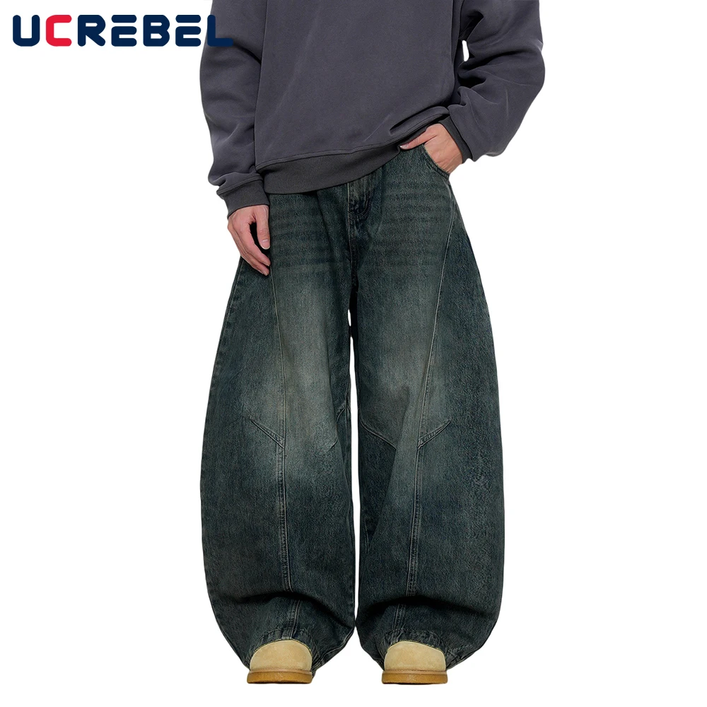 Spliced Scimitar Jeans Mens Washed Distressed Retro High Street Loose Wide Leg Denim Pants Men