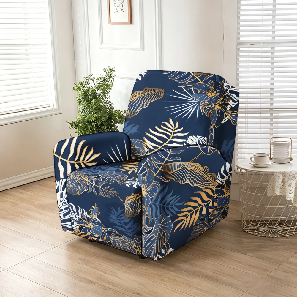 Recliner Slipcover,Navy Blue Gold Tropical Leaf Print Stretch Recliner Sofa Cover, Stretch Soft Furniture Protector Slipcover