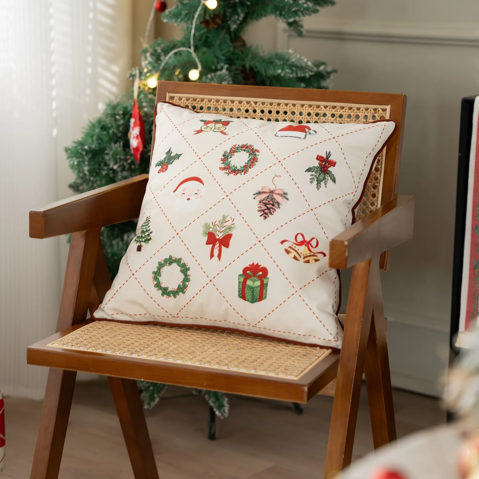 Christmas Decoration Pillow Cover White Embroidered Santa Tree Snowflakes Nutcracker Cushion Cover For Sofa Bed Chair Soft Cozy