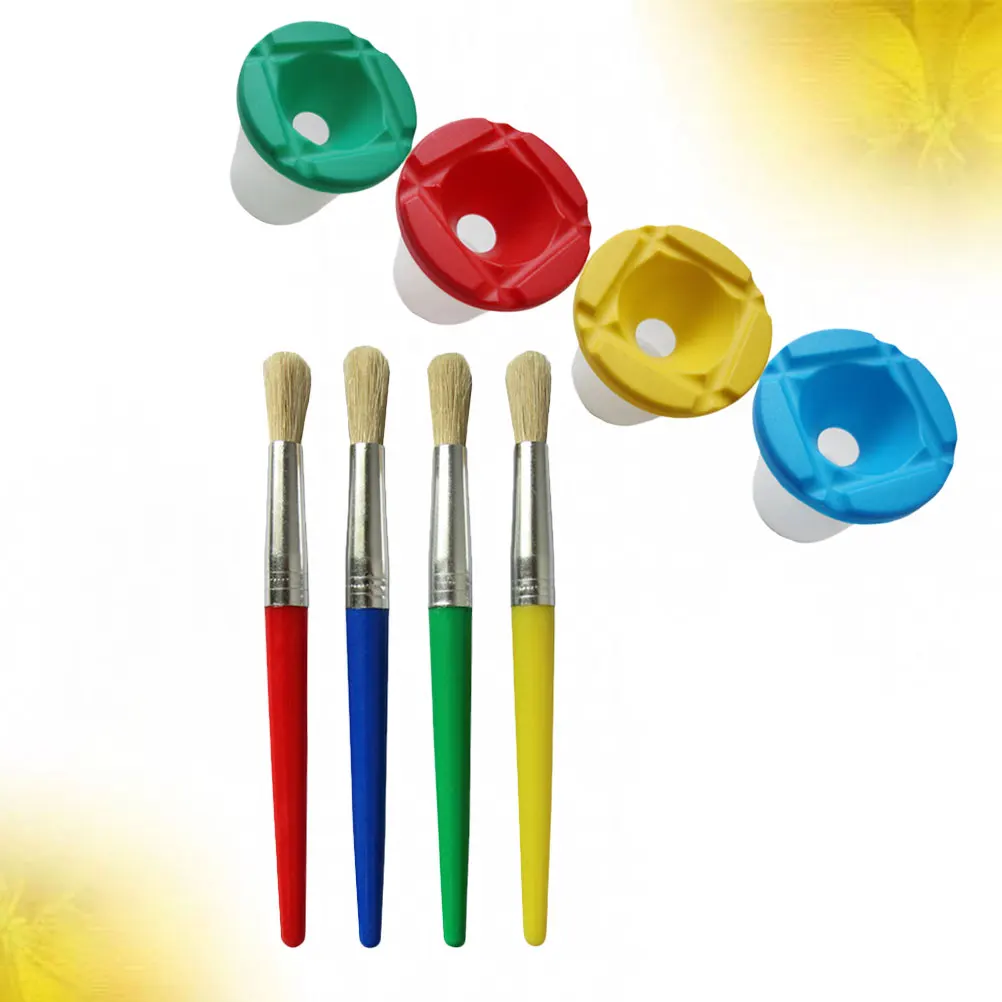 

4 Paint Cups Kids Drawing Tool Set No Spill Washable Brushes Painting Supplies Art Class DIY Activity Transparent Colorful