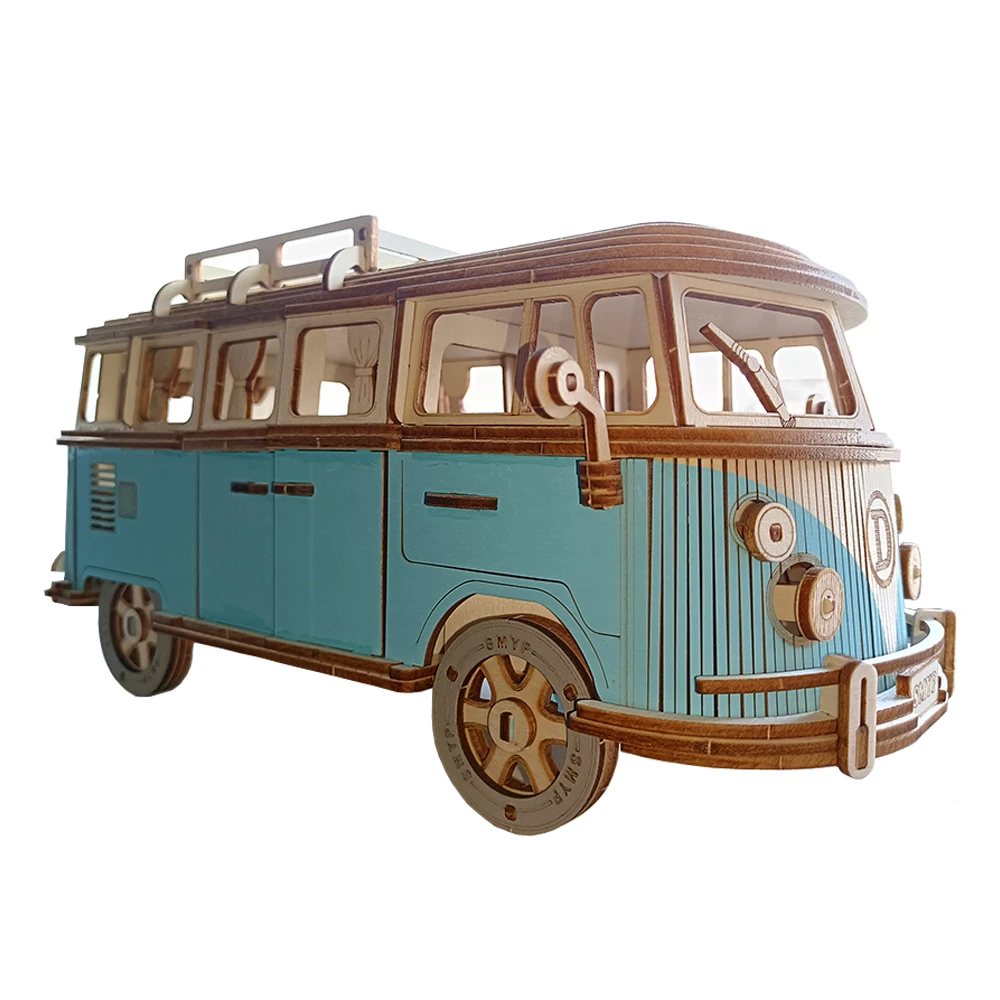 Campervan 3D Wooden Car Puzzle Retro Bus European-style DIY Princess Castle Villa Model Wood Jigsaw Toys For Children Girls