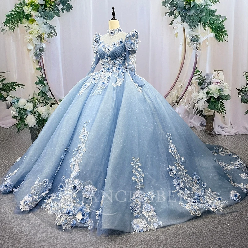 فساتين Quinceanera زرقاء لامعة قبالة الكتف مزينة بالدانتيل مطرز بالكريستال وأكمام طويلة تول حفلة عيد ميلاد حلوة 16 فستان #1