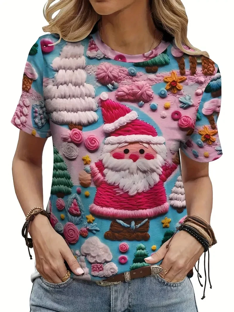 Ladies PLUS Size 3D Santa Claus Snowflake Print T-shirt, Loose and Casual,soft and Comfortable,breathable,suitable for Outdoor