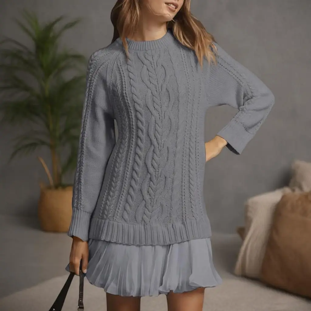 เดรสไหมพรมลำลองสำหรับผู้หญิง เดรสเรียบง่ายสีพื้น คอกลม สวมใส่สบาย ดีไซน์คลาสสิก ตัดต่อแฟชั่น ให้ความรู้สึกอบอุ่น