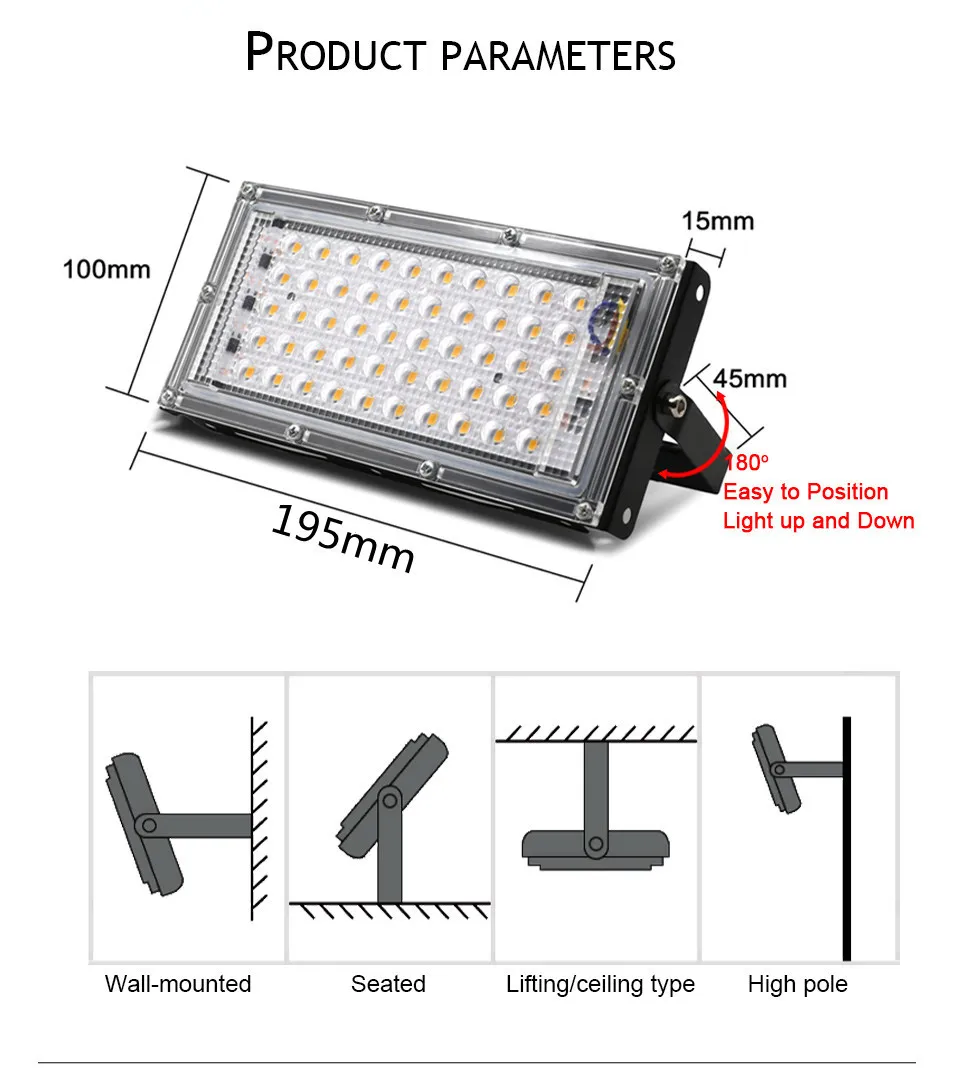 สปอตไลท์กลางแจ้งกันน้ำ IP65 50W AC110V/220V โคมไฟผนังกันน้ำสะท้อนแสงภูมิทัศน์