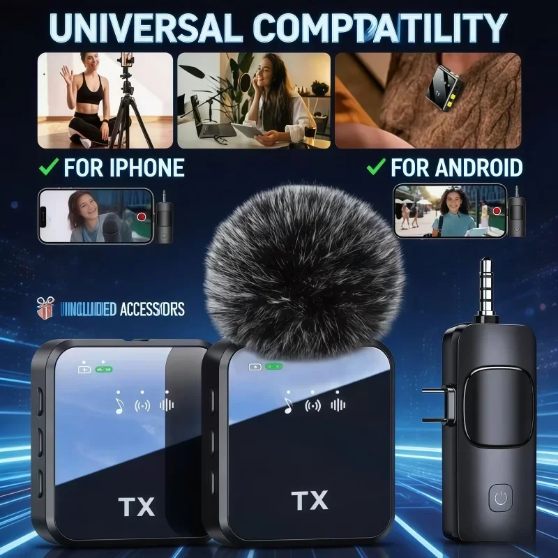 2026 3-in-1 Kabelloses Lavaliermikrofon, geeignet für Apple und Android, tragbares Podcast-Mikrofon mit Geräuschunterdrückung und Clip.