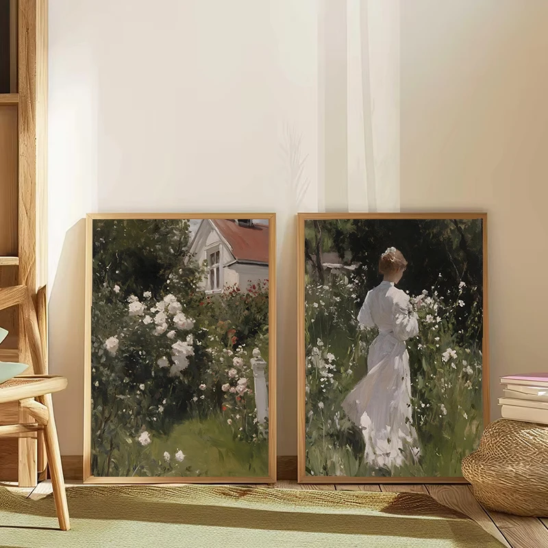 1pc frameless Canvas Painting Rustic Farmhouse Doorway Summer Rose Girl Garden Scene Interior Canvas Painting Poster Print Wall