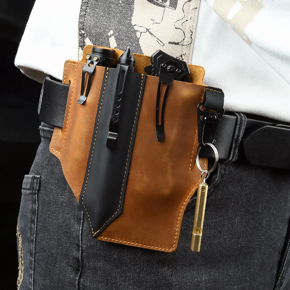 

Real Leather EDC Tactical Waist Bag Wearable Belt Tactical Tool Kit Outdoors Flashlight Storage Pocket Men's Waist Hanging Bag