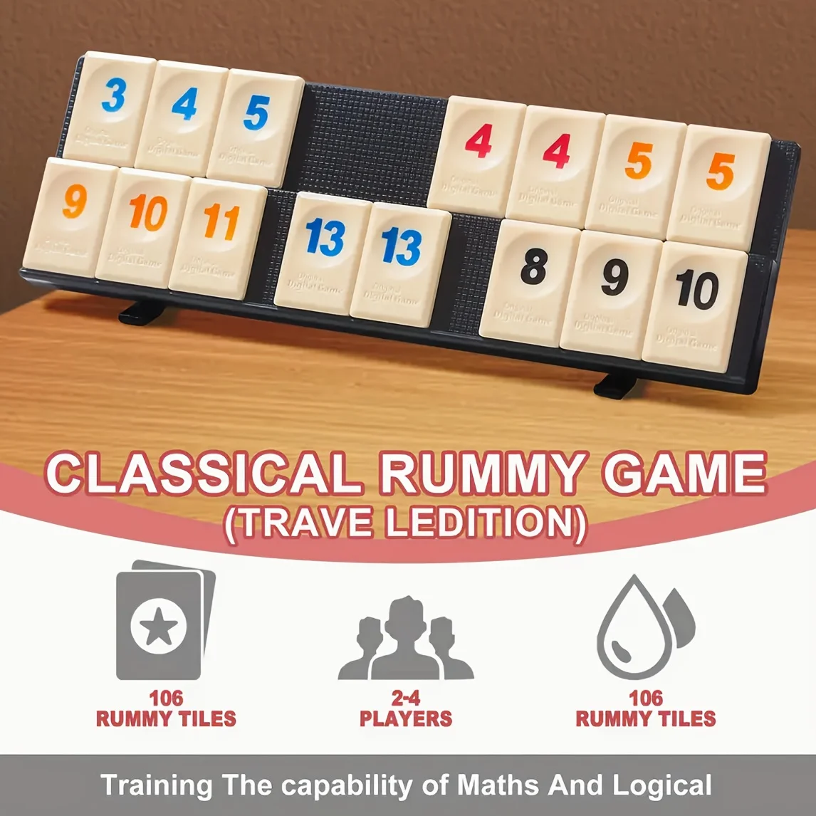 Rummy-Fliesen-Spielset mit 4 Ständern, tragbare digitale Mahjong-Fliesen, nummeriertes Reise-Brettspiel für Familienfeiern