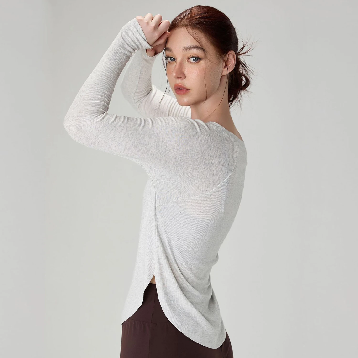 QUMOR  Women's Loose Sexy Shoulder Yoga Top Casual Draped Sports Long Sleeve