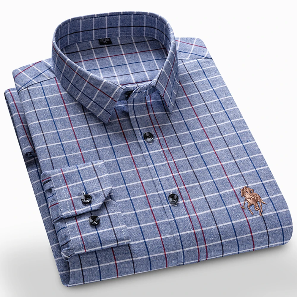 Mens Cotton Plaid Checkered Flannel Shirts Long Sleeve Button Down Shirt with Embroidered Logo Casual Shirts Work Shirts for Men