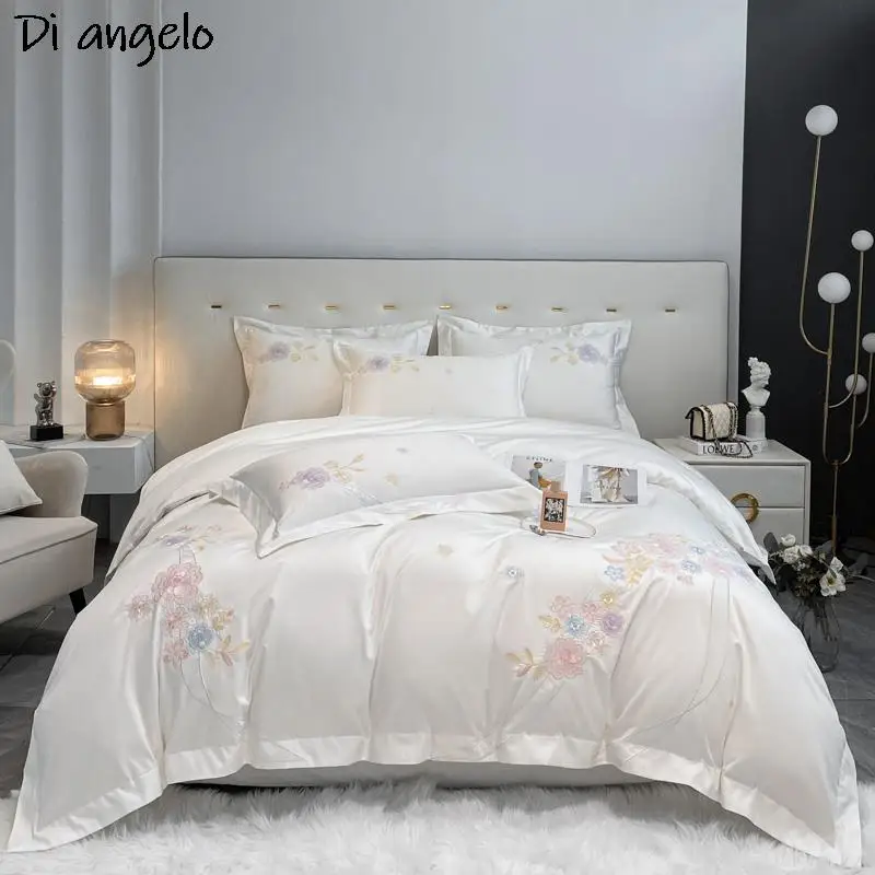 600TC Egyptian Cotton Embroidery Series Luxury Bedding Set Duvet Cover Bed Linen Flat Sheet Pillowcases Textiles Queen King #/L