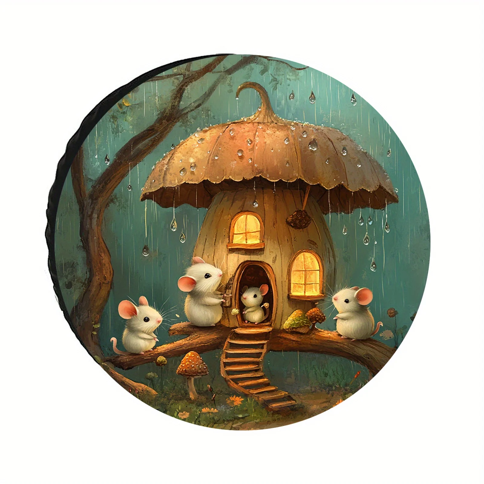 1pc Whimsical Mushroom House & Many Little Mice Pattern Tire Cover - Durable Polyester Wheel Protector For SUVs, Trucks, And Off