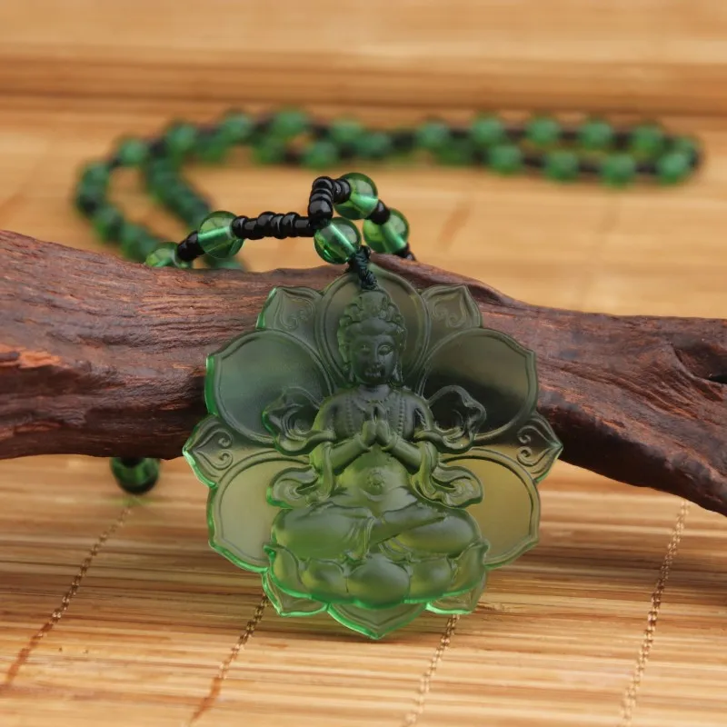 Liuli Crystal Buddha Green Tara Amulet Buddha Charms Tibetan Buddhism Religion Amulet Pendant Crystal Beads Glass Necklace